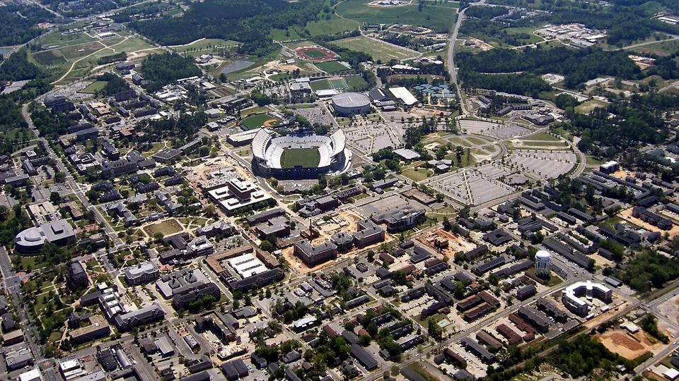 Aerial view of Auburn University campus and stadium in Auburn, Alabama