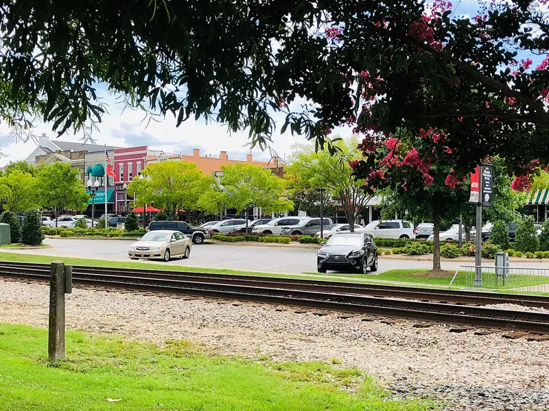 Railroad tracks and streets in downtown Opelika, Alabama