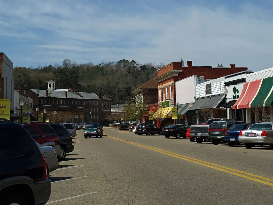 Street and storefronts in downtown Prattville, Alabama